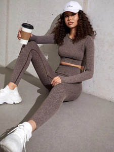 Conjunto de Yoga sin Costuras de 2 Piezas, Top Corto de Cintura Alta, Leggings Largos, Color Sólido, Cuello Redondo, Manga Larga, Ropa Deportiva para Mujer - Product Image 4