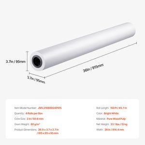 Rotoli di Carta Plotter Grande Formato 36 pollici x 150 piedi, 4 Rotoli di Carta Bond CAD con 2 Anelli, 20 LB, Ideali per Designer CAD - Product Image 3