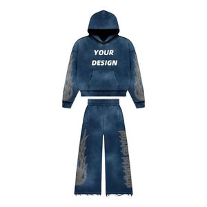 Ensemble sweat-shirt et pantalon évasé vert olive personnalisé, effet délavé, style vintage, deux pièces, streetwear, avec design graphique - Product Image 2