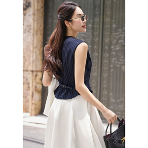 <b>Women's</b> Morden <b>Navy</b> Striped Tailored V Neck Peplum Back Design Vest Office Casual <b>Waistcoat</b> Polyester Spandex Custom Design HIRA - Product Image 2