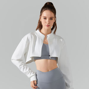 ZULARI IMPEX Women's Cropped Long Sleeve <b>Zip</b>-<b>Up</b> Jacket Solid Color Fitted Activewear Polyester Gray and <b>White</b> Sportswear - Product Image 1