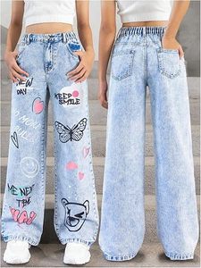 Girls High <b>Waist</b> Wide Leg Heart Patch Dark/Light Washed Denim <b>Jeans</b> Loose Fit Y2K Style Casual for Kids XS-XL - Product Image 5