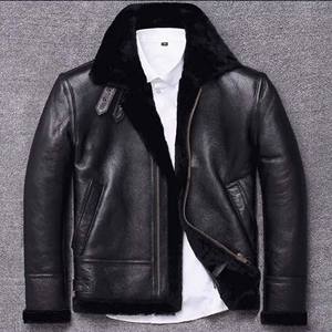 Blouson de motard en cuir noir pour homme avec col en fourrure ton sur ton, manteau d'hiver en peau de mouton véritable, doublure polaire chaude, vêtement d'extérieur décontracté - Product Image 2