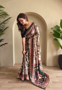 Sari en soie Tussar Rivaayat House avec bordure Kalamkari et richement orné de Zari, Sari indien traditionnel extensible et absorbant l'humidité, idéal pour les mariages - Product Image 3