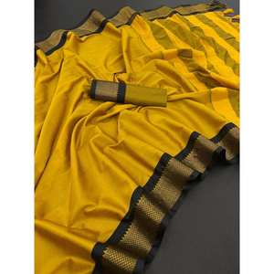 ATRACTIVO TRABAJO TEJIDO ALGODÓN SAREE CON BLUSA SIN COSTAR AMARILLO - Product Image 1