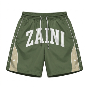 Pantalones Cortos Deportivos de Poliéster Ligero Premium de 160 GSM, con Paneles en Contraste, Frente Sólido, Color Negro Oliva, Estilo Casual - Product Image 1