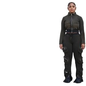 2026 personnalisé femmes décontracté culture fermeture éclair à capuche Cargo pantalons de survêtement léger toile 2 pièces Flare fermeture éclair bas ensembles poches latérales - Product Image 1