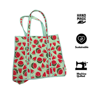 Watermelon Block Print Cotton <b>Canvas</b> <b>Tote</b> Bag Summer Fashionable Design Zip Closure Shopping Bag Eco Friendly Durable Daily Use - Product Image 2