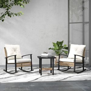 Set Bistrot 3 Pezzi Bianco con Tavolino da Caffè, Mobili da Esterno in Vimini, Cuscini Trapuntati a Bottoni, Sedie a Dondolo in Rattan per Ospedali (Minimo) - Product Image 2