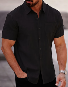 Customized Brand Men's Navy Blue Short Sleeve Cotton Shirt Solid Casual Button Woven Fabric Summer Style 120g Button Collar - Product Image 2