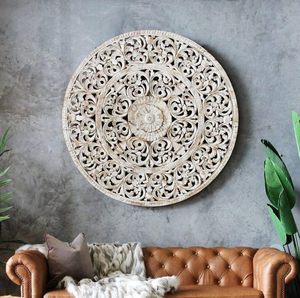Panneau mural suspendu, panneau en bois, Jali décoratif mural, art mural sculpté à la main, décoration pour la maison, le salon, la chambre, le bureau - Product Image 1