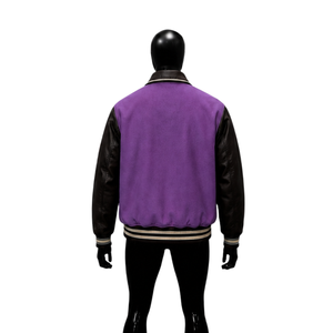 Blouson universitaire PREMIUM violet et noir pour homme, manches en cuir, en laine avec manches et col en cuir PU noir, coupe classique, décontracté, automne - Product Image 2
