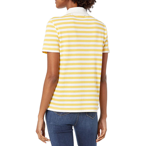 Polo à manches courtes rayé jaune et blanc pour femme, haut décontracté en coton tricoté - Product Image 2