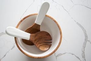 Ensemble de 3 bols et ustensiles en bois - 9,5 pouces en bois véritable avec intérieur émaillé blanc, saladier, porte-fruits et bonbons, récipient à sauce, décoratif - Product Image 3