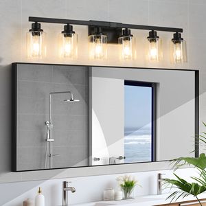 Luminaire de salle de bain moderne à 6 lumières de 37 pouces, finition noire avec abat-jour en verre transparent pour salle de bain et coiffeuse - Product Image 1