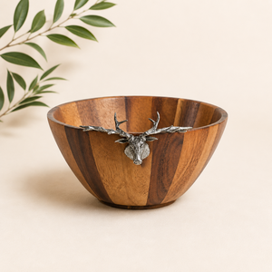 Bol à salade rustique artisanal en bois d'acacia avec accent tête de cerf en étain, élégant bol de service tête de cerf style lodge pour la table - Product Image 4