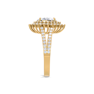 Bague de fiançailles de luxe en or jaune, blanc et rose 18 carats avec diamant poire 1,508 ct et double halo |   Bague vintage à motif soleil rayonnant et anneau en forme de cathédrale - Product Image 3