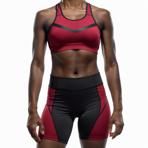 Conjunto de Yoga de 2 Piezas Rojo y Negro, Top Corto Deportivo, Pantalones Cortos de Cintura Alta, Bloques de Color, Sin Costuras, Absorbe el Sudor - Product Image 1