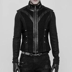 Men's <b>Gothic</b> Steampunk Waistcoat Vest Punk-Style Sleeveless <b>Jacket</b> Black Twill Cotton Faux Leather Panels Zipper Fastening - Product Image 3