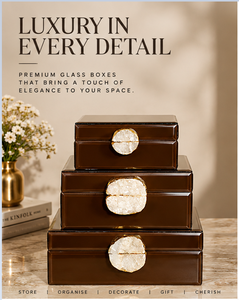 Chocolate <b>Brown</b> Glass Jewelry Storage Box Set with Natural Stone Accent Glossy Finish Soft Lining Decorative Keepsake Organizer - Product Image 1