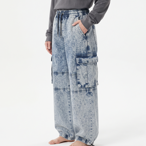 Pantalon oversize délavé à l'acide pour femme, coupe ample, style streetwear décontracté, avec empiècements étoiles, cordon de serrage, longueur intégrale, mode moderne - Product Image 6