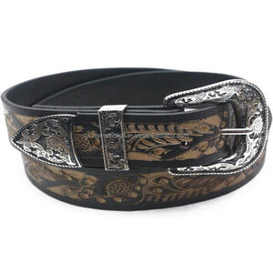 Vintage Hand Carved <b>Tooled</b> Pattern Embossed Original Western <b>Leather</b> <b>Tooling</b> <b>Belt</b> for Men with 3 Piece Antique Buckle Set - Product Image 1