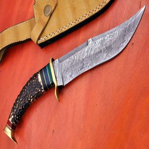 Cuchillo Bowie de Acero Damasco D2 Hecho a Mano con Mango de Hueso de Camello, Funda de Cuero Fino, Cuchillo Industrial para Bricolaje, Camping y Actividades al Aire Libre, OEM - Product Image 1