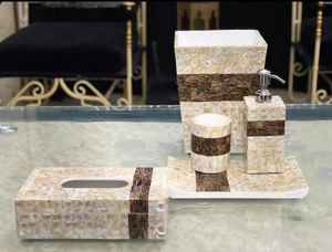 Ensemble d'accessoires de salle de bain élégant en nacre, bol pour décoration de comptoir de vanité de luxe avec incrustation artisanale et qualité supérieure - Product Image 1