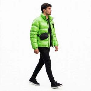 Men's Green Waterproof PU Fabric Puffer <b>Jacket</b> <b>Patch</b> Designs Stand Collar Zipper Closure Thick Warm Winter Casual Slim Fit - Product Image 4
