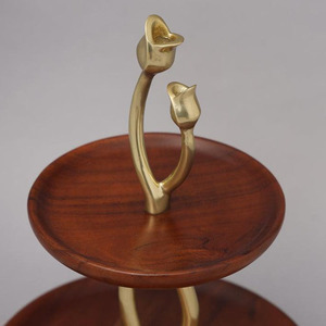 Two-Tier Wooden <b>Cake</b> <b>Stand</b> Featuring Rich Brown Trays Twisted Brass Metal Central Pillar & Twin Tulip Finial Handles For Serving - Product Image 2