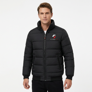 Customized Men's Winter Black Puffer <b>Jacket</b> Stand Collar Zipper Closure Windproof Casual Solid Color 100% Polyester - Product Image 2
