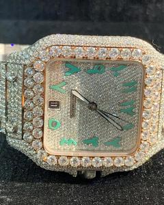 Reloj Mecánico Cuadrado de Lujo Moderno con Esfera de Diamantes Moissanite y Números Árabes Verdes, Bisel de Oro Rosa de Dos Tonos, Reloj para Hombre - Product Image 3
