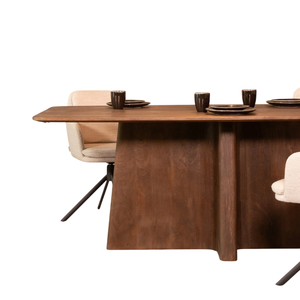 Mesa de comedor de alta calidad con base de pedestal de madera maciza de mango con bordes curvos y acabado en marrón cálido para el hogar, oficina, cocina, restaurante. - Product Image 2