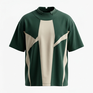T-shirt sportif surdimensionné à col montant et manches courtes pour homme, coloris vert et beige, en polyester tricoté respirant et écologique - Product Image 1