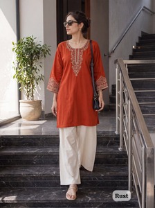 InCotton.M All Seasons Regular Fit Wholesale <b>Indian</b> Designer Wear Heavy Rayon Embroidery Work <b>Top</b> Kurta Wrinkle Free Sun - Product Image 1