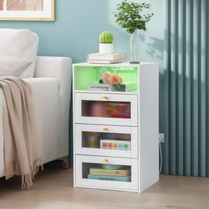 Comodino Changhong in Vetro 45*35*78cm, Superficie Bianca in Fibra di Canapa, 3 Cassetti, 1 Ripiano, Ricarica Wireless, Arredamento Camera da Letto - Product Image 1