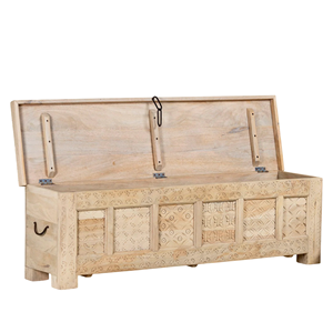 Mesa de Centro Moderna para Sala de Estar, Estilo Caja de Madera de Mango, con Paneles Tallados a Mano, Acabado Natural Lijado con Arena - Product Image 5