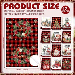 Set di 12 Strofinacci da Cucina a Tema Natalizio con Stampe di Albero di Natale e Babbo Natale, Asciugamani Assorbenti per le Festività - Product Image 1