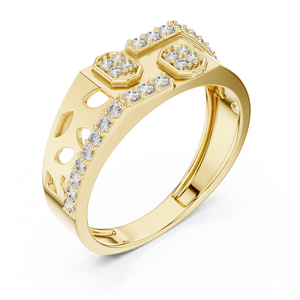 Bague en or jaune avec diamant rond taille brillant, incrustation hexagonale pavée, alliance de fiançailles pour femme, style classique - Product Image 1