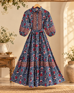 Robe maxi pour femme en coton pur bleu et rouge à fleurs avec ceinture, robe longue bohème, tenue élégante pour les occasions festives - Product Image 1