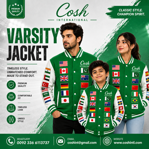 เสื้อแจ็คเก็ตวาร์ซิตี้สีเขียวขนสัตว์ Cosh International พร้อมผ้าไม่ทอ ย้อมสีสำเร็จรูป สำหรับฤดูหนาว แบบ unisex มีฮู้ด คอตั้ง โลโก้ด้านหน้า - Product Image 1