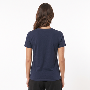 T-shirt en coton bleu marine à col en V pour femme, manches courtes, avec logo imprimé, style décontracté, vente en gros - Product Image 3