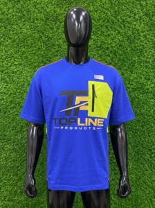 T-shirt homme Topline Products bleu à manches courtes avec logo jaune fluo imprimé au dos, coupe classique, vêtement décontracté, haute qualité - Product Image 2