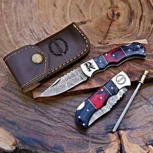 Couteau EDC à verrouillage manuel en acier Damas fait main, manche en bois, pointe droite, compact, pliable, pour la chasse et les activités de plein air - Product Image 2