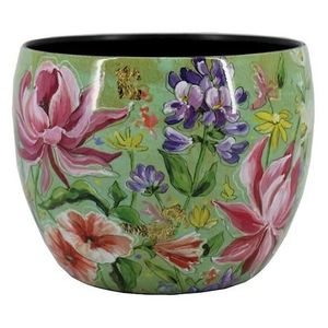 Linea Exports Inc Ceramic Round <b>Vase</b> With Pink Floral Design Glossy Finish Handmade Bohemian Style Tabletop Decor - Product Image 4