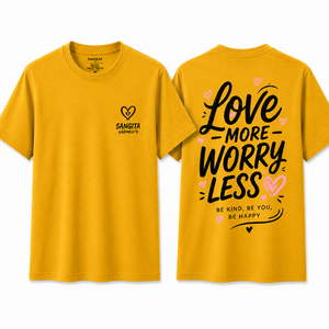 Camiseta Amarilla de Algodón para Hombre Sangita, Manga Corta, Cuello Redondo, Corte Regular, Estampada, Casual, Ecológica, con la Frase 'Love More Worry Less' en la Parte Delantera - Product Image 1