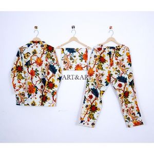 Conjunto de Pijama de Algodón Puro para Mujer, Cuello en V, Largo, Transpirable, Ligero, Suave, Algodón Indio, Estampado Floral Grande, Verano - Product Image 4