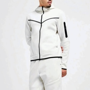Sweat à capuche zippé intégral et pantalon de jogging unisexe en molleton technique respirant, blanc, grande taille, 69 % coton, 31 % polyester, style streetwear - Product Image 1