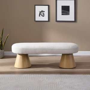 Panca imbottita beige per sala da pranzo, fondo letto, ingresso, pouf, sgabello da soggiorno con finitura in legno - Product Image 2