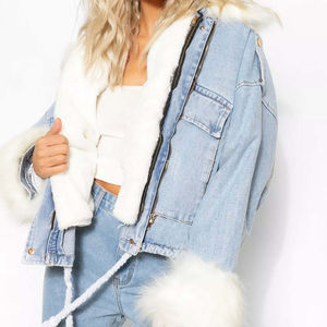 Women's <b>Light</b> Blue Denim Jacket With White Fur Collar And Cuffs Distressed Style Casual Winter Denim Jacket Made In Pakistan - Product Image 5